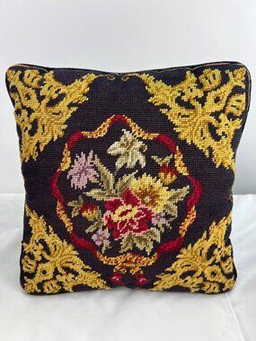 VTG Needlepoint Throw Pillow With Floral & Gold Design Navy Velvet Backing 12"x1
